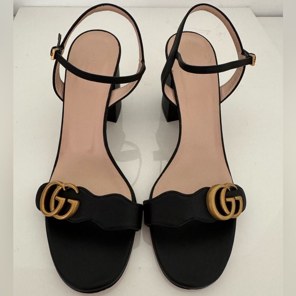 Gucci GG Marmont Black Leather Heel Sandals EU 40.5 US 10.5 Authentic - Picture 2 of 10